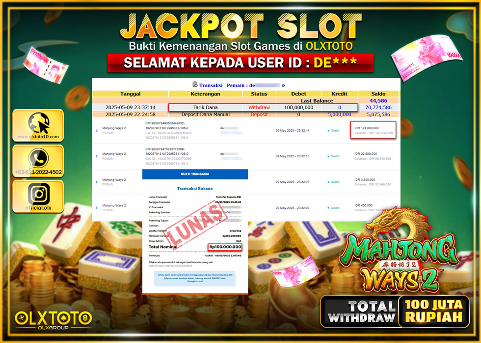 BINTANGSLOT77 JACKPOT SLOT MAHJONG WAYS 2  Rp.100.000.000.,- LUNAS