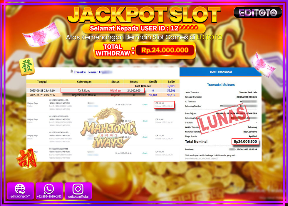 JACKPOT EDITOTO SLOT MAHJONG WAYS Rp.24.000.000,- LUNAS 