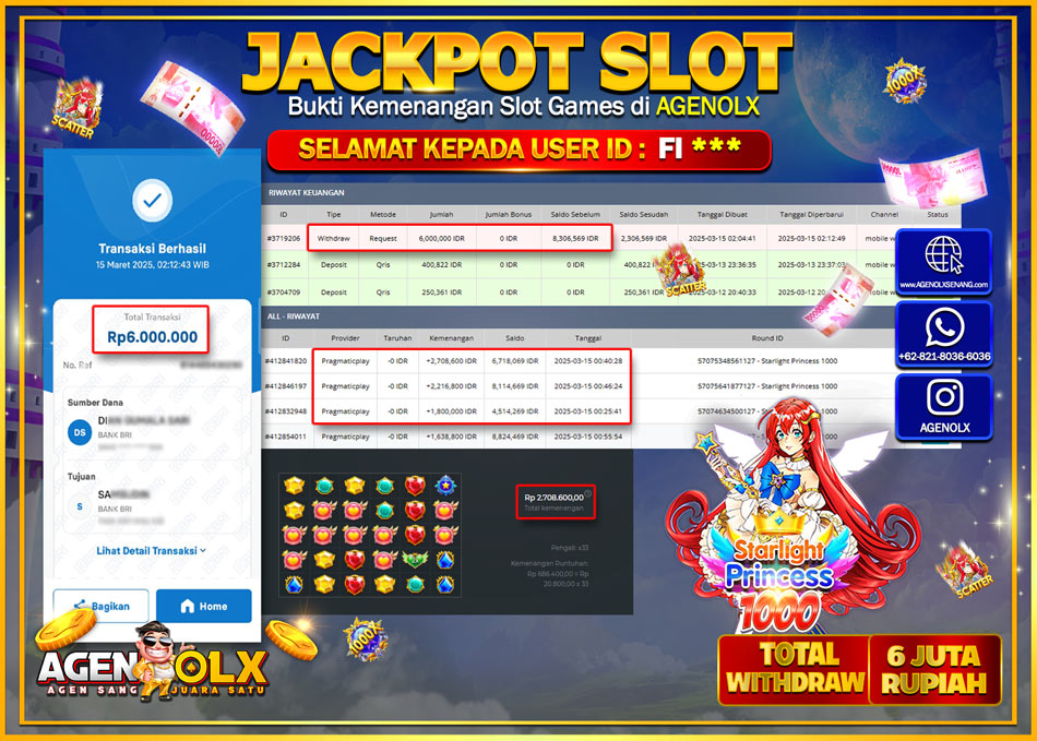 AGENOLX JACKPOT  SLOT STARLIGHT PRINCEESS 1000  Rp 6.000.000,- LUNAS