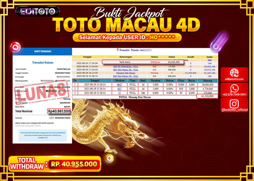 JACKPOT EDITOTO TOGEL PASARAN TOTO MACAU 4D Rp.40.955.000.,- LUNAS