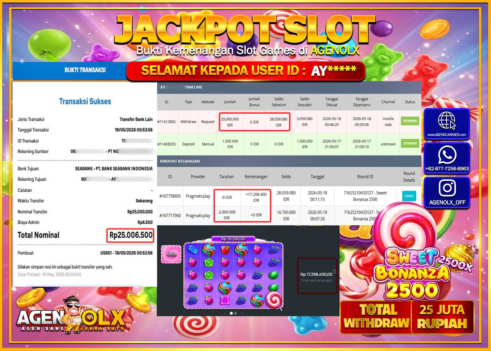 AGENOLX JACKPOT SLOT SWEET BONANZA 2500  Rp 25.000.000 - LUNAS