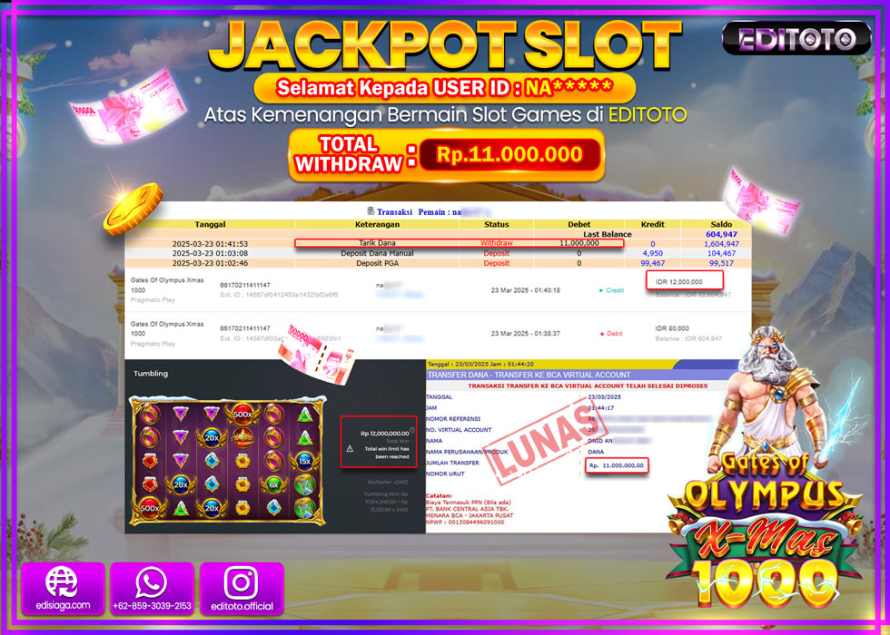 JACKPOT SLOT GATES OF OLYMPUS X-MAS 1000 Rp.11.000.000.,- LUNAS