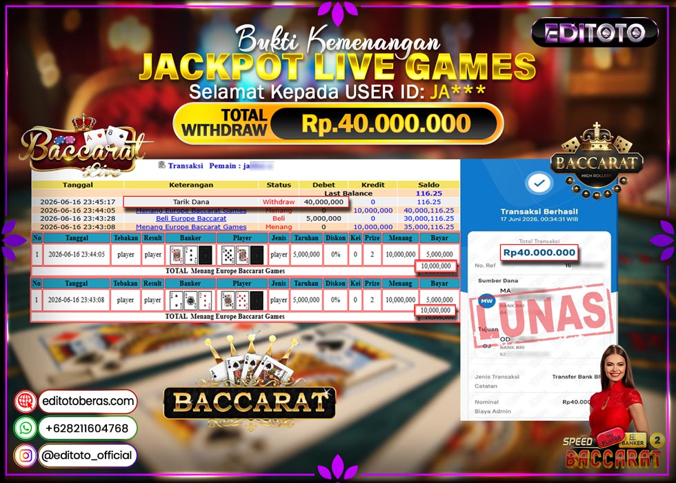JACKPOT EDITOTO LIVE GAMES EUROPE BACCARAT GAMES Rp. 40.000.000.,- LUNAS