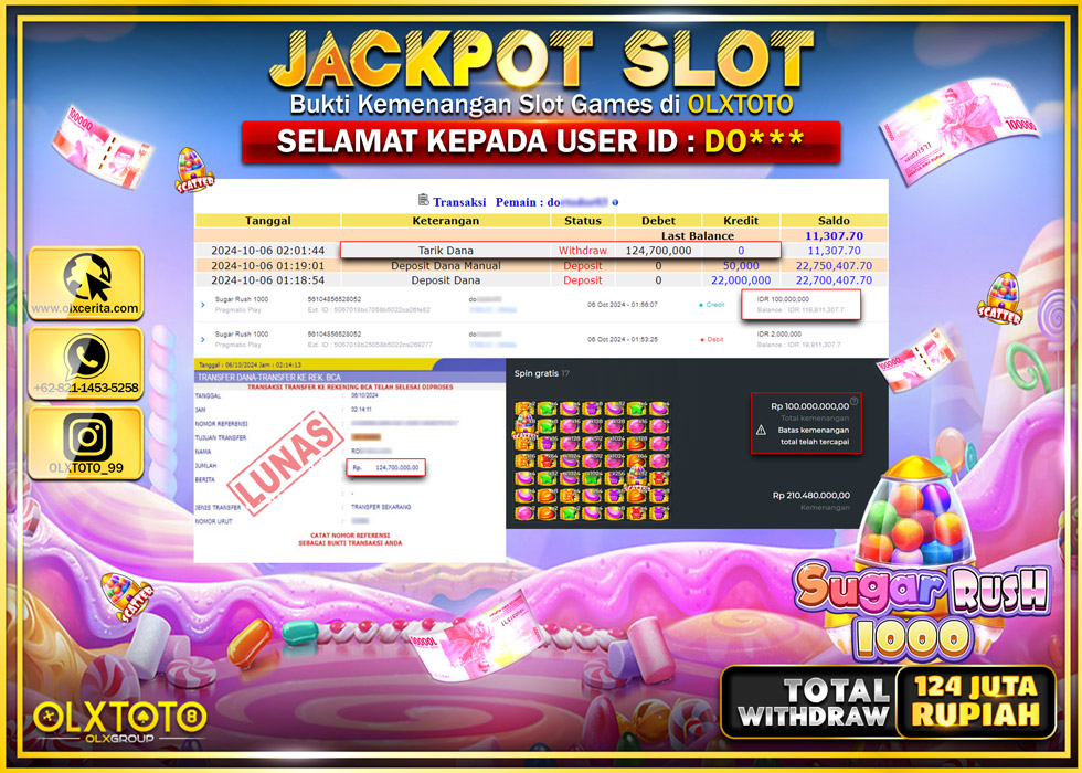 OLXTOTO JACKPOT  SLOT SUGAR RUSH 1000 Rp.124.700.000.,- LUNAS