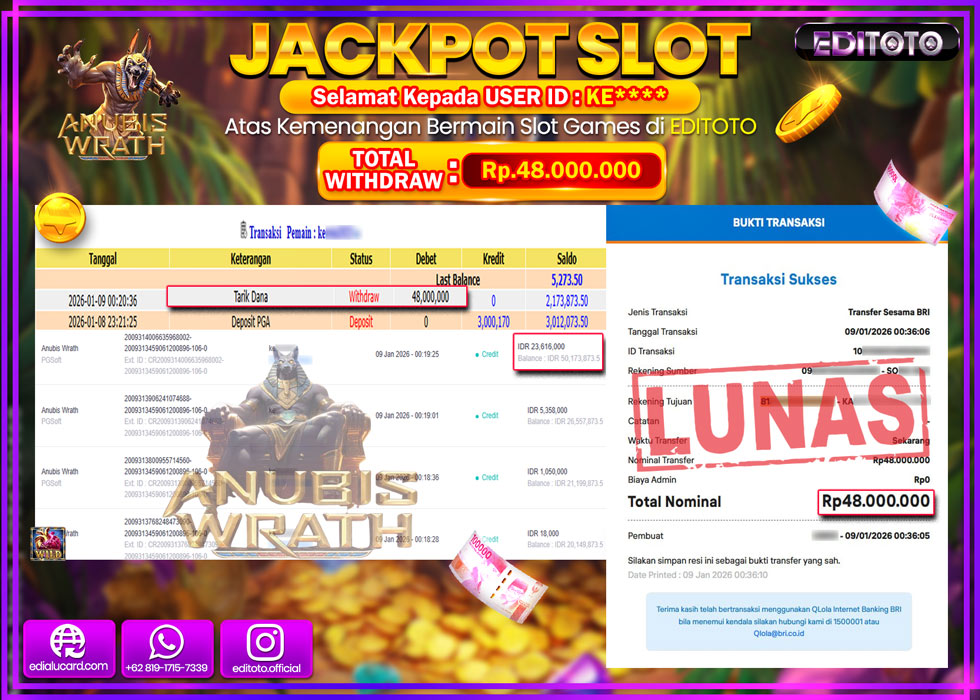 JACKPOT EDITOTO SLOT ANUBIS WRATH  Rp.48.000.000,- LUNAS  