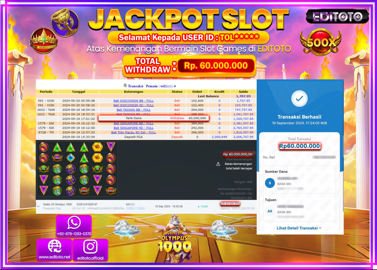 JACKPOT SLOT GATES OF OLYMPUS 1000   Rp.60.000.000.,- LUNAS