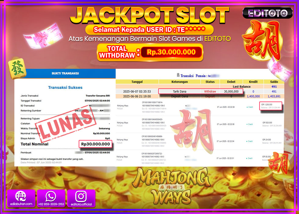 JACKPOT EDITOTO SLOT MAHJONG WAYS Rp.30.000.000,- LUNAS