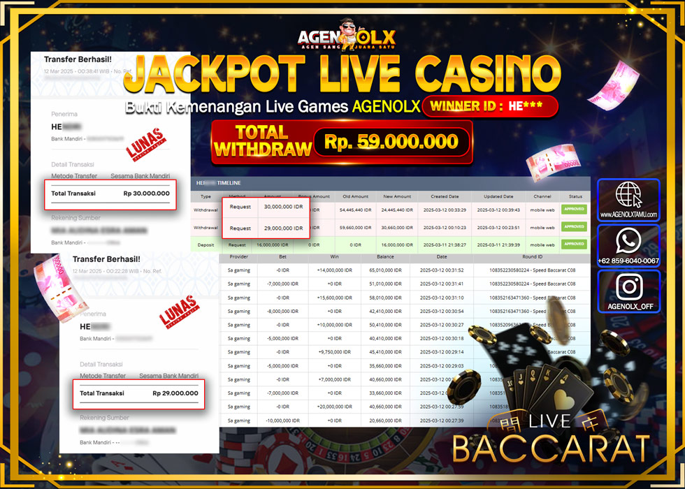 AGENOLX JACKPOT  LIVEGAMES BACCARAT Rp 59.000.000,- LUNAS