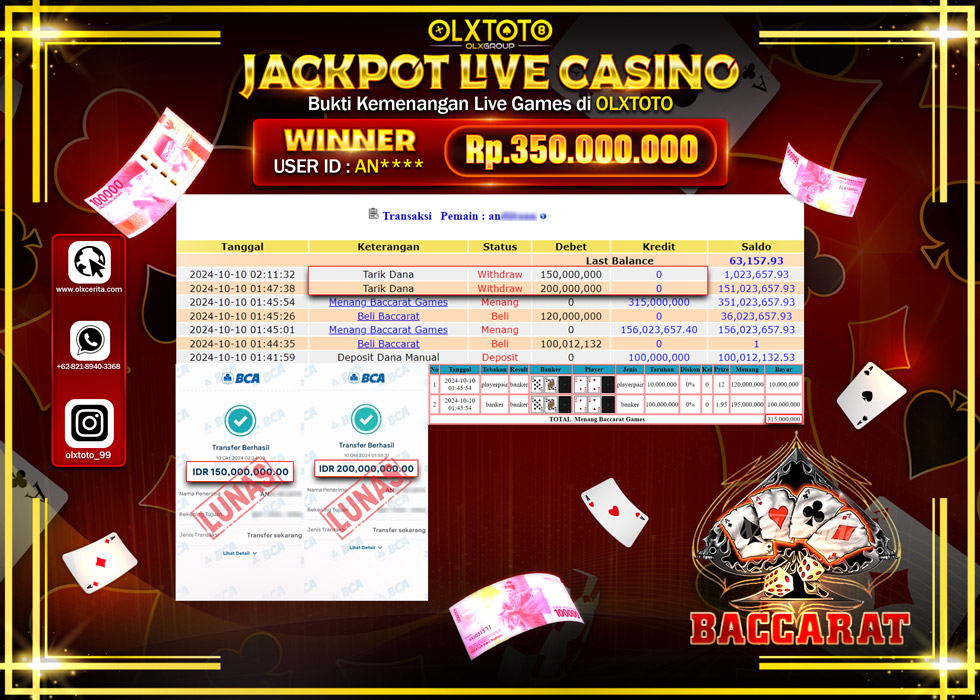 OLXTOTO JACKPOT  LIVE GAMES BACCARAT Rp.350.000.000.,- LUNAS