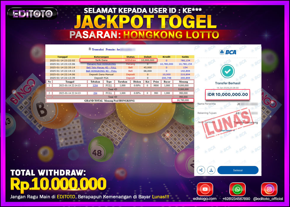 JACKPOT TOGEL PASARAN HONGKONG LOTTO Rp.10.000.000.,- LUNAS