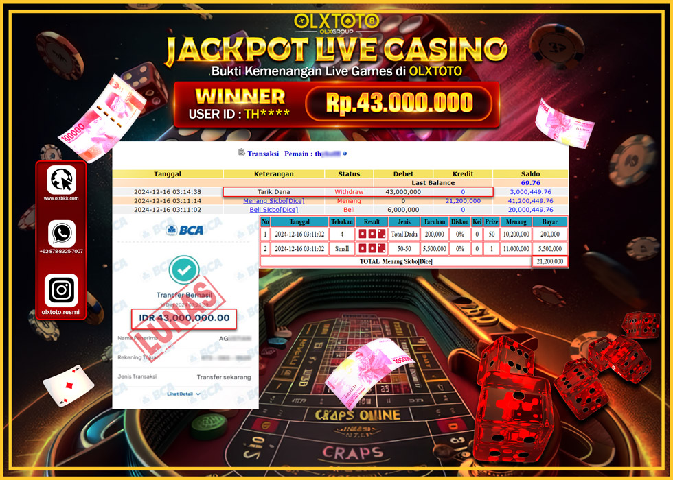 OLXTOTO JACKPOT  LIVE GAMES SICBO {DICE}  Rp.43.000.000.,- LUNAS