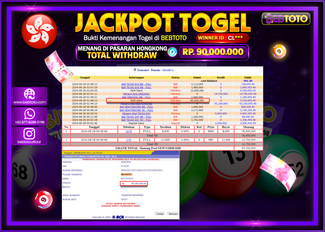 JACKPOT TOGEL BEBTOTO NEWYORK MIDDAY POOLS Rp.90.000.000.,- LUNAS