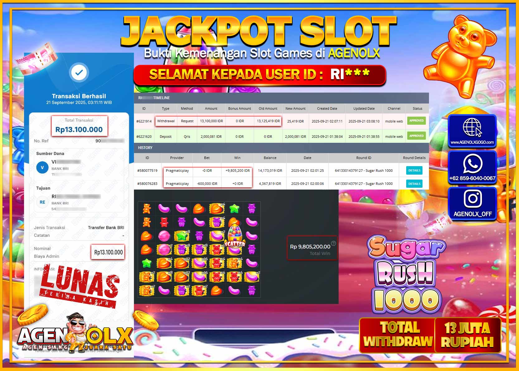 AGENOLX JACKPOT  SLOT SUGAR RUSH 1000  Rp 13,100,000,- LUNAS