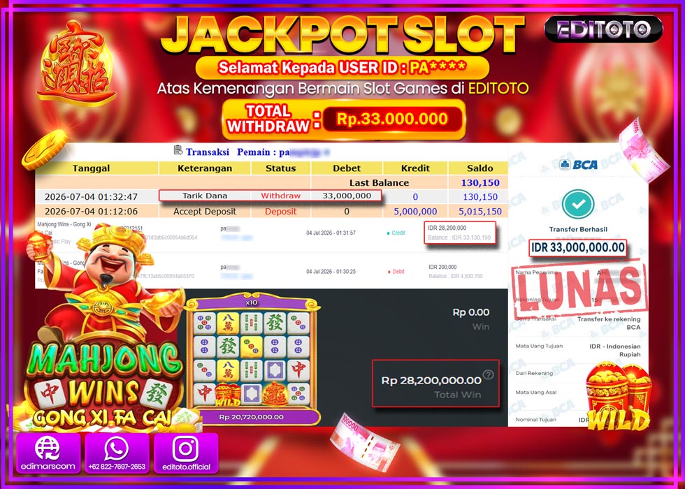 JACKPOT EDITOTO SLOT MAHJONG WINS GONG XI FA CAI Rp.33.000.000,- LUNAS
