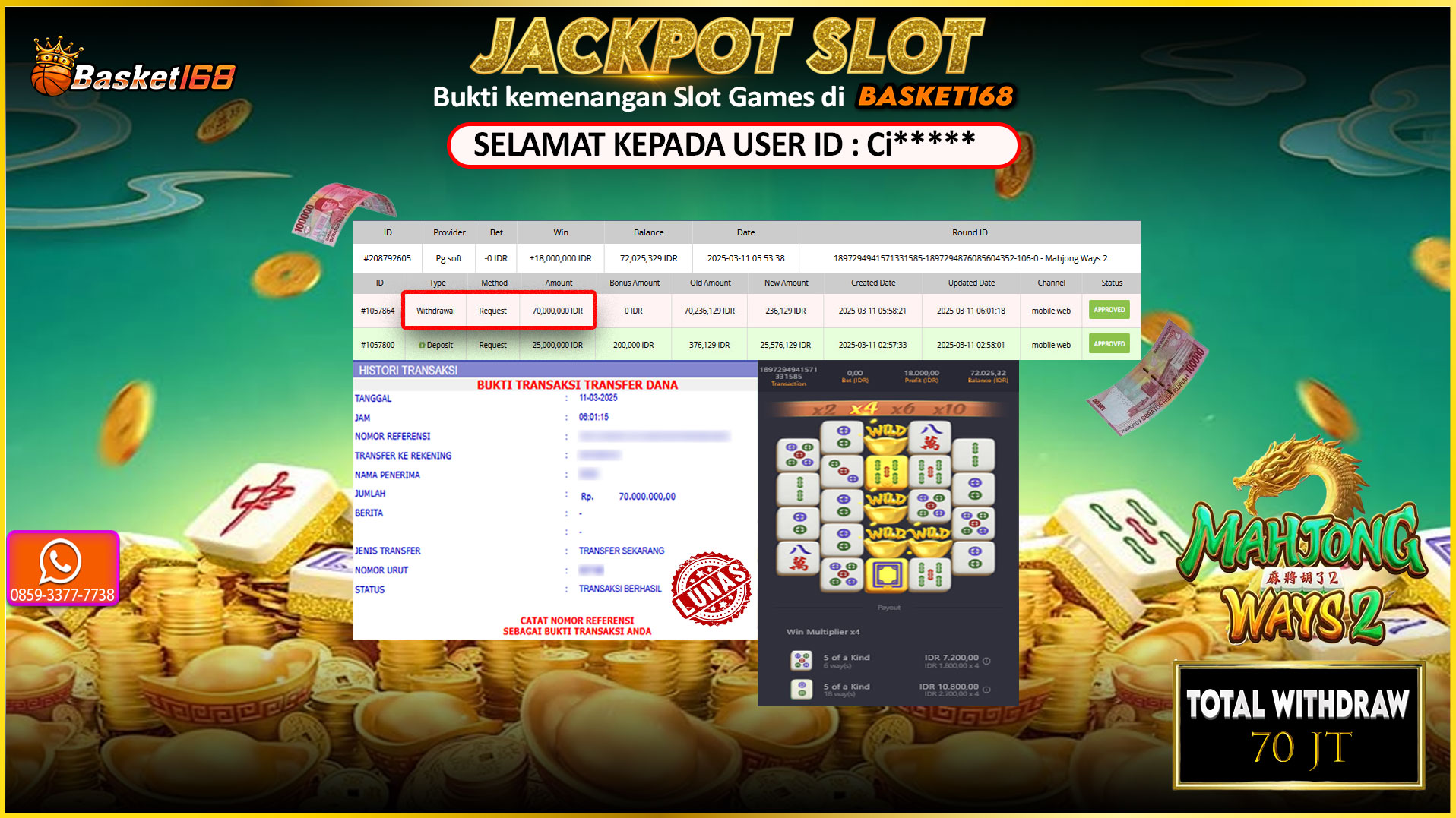 BASKET168 JACKPOT SLOT MAHJONG WAYS 2 Rp. 70.000.000,- LUNAS