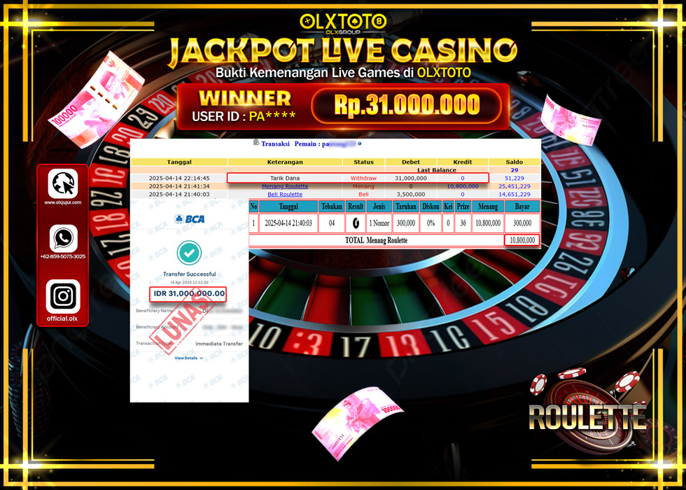 BINTANGSLOT77 JACKPOT  LIVE GAMES ROULETTE Rp..31.000.000.,- LUNAS