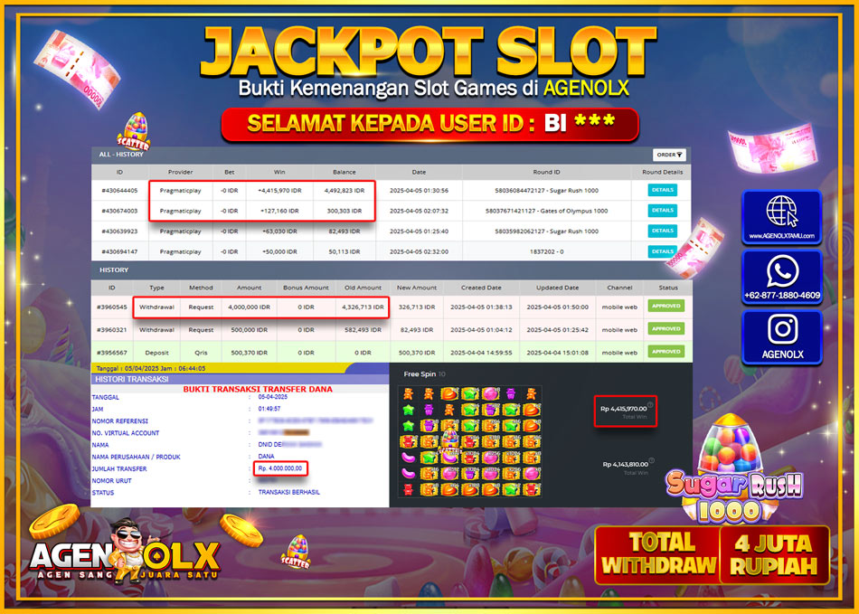 AGENOLX JACKPOT SLOT SUGAR RUSH 1000 Rp 4.000.000,- LUNAS