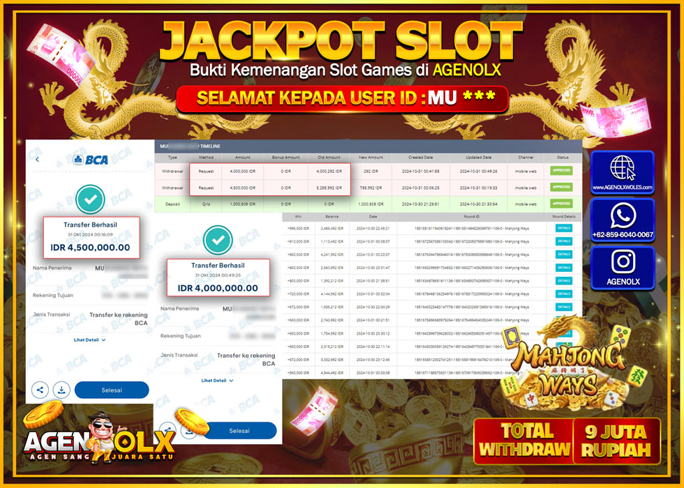 AGENOLX JACKPOT  SLOT MAHJONG WAYS  Rp 9.500.000,- LUNAS