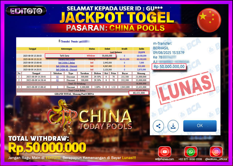 JACKPOT EDITOTO TOGEL PASARAN CHINA POOLS Rp.50.000.000.,- LUNAS