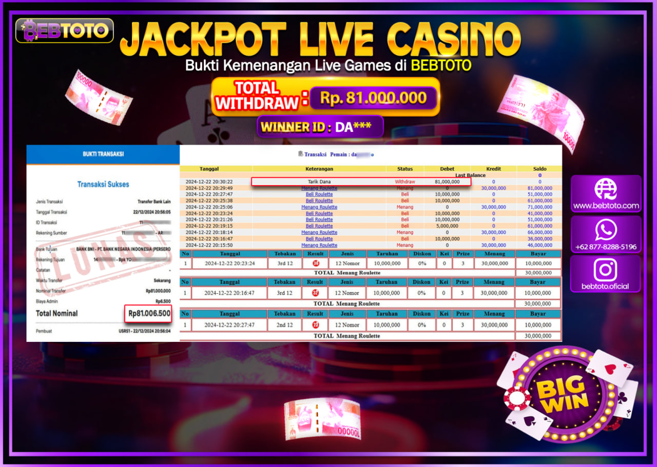 JACKPOT LIVE CASINO BEBTOTO ROULETTE Rp.81,000,000.,- LUNAS