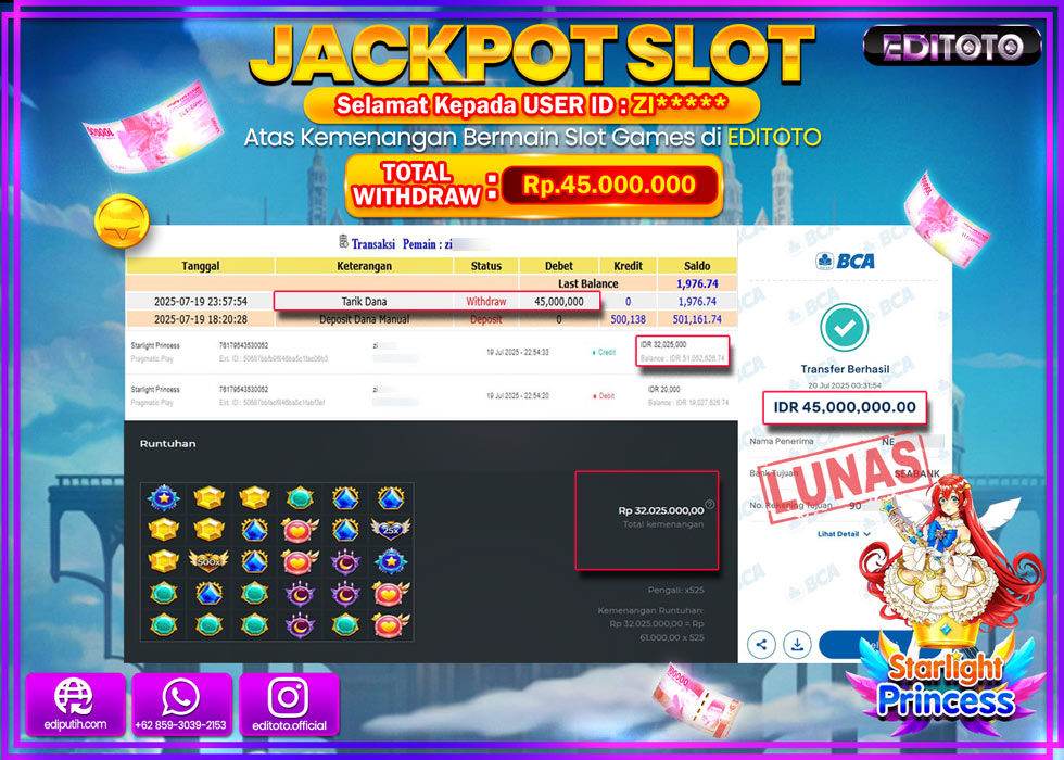 JACKPOT EDITOTO SLOT STARLIGHT PRINCESS Rp.45.000.000,- LUNAS 