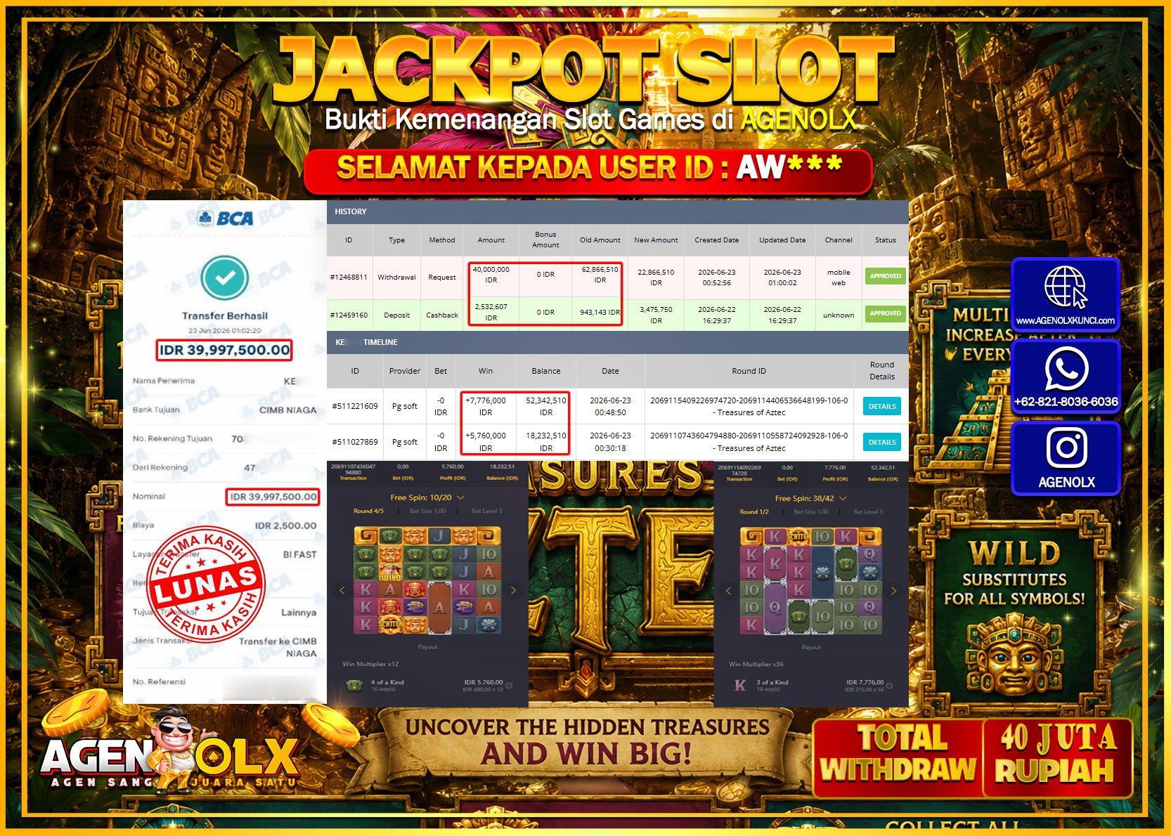 AGENOLX JACKPOT SLOT TREASURE OF AZTEC  Rp 40.000.000- LUNAS