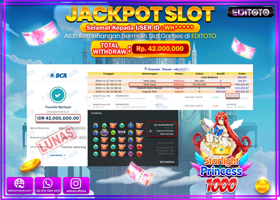 JACKPOT SLOT STARLIGHT PRINCESS 1000 Rp.42.000.000.,- LUNAS
