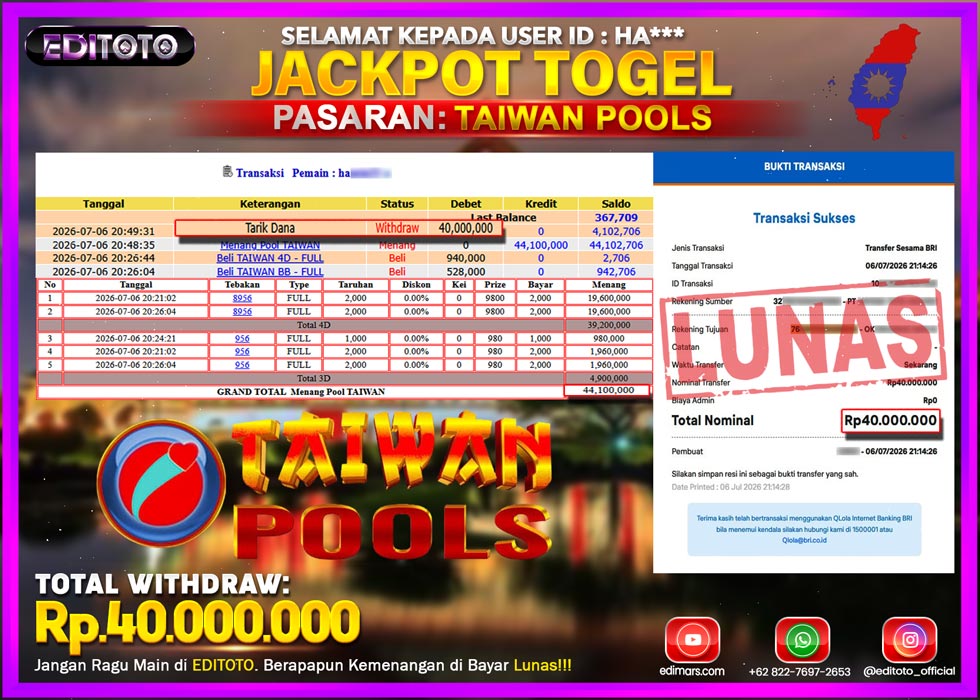 JACKPOT EDITOTO TOGEL PASARAN TAIWAN POOLS Rp.40.000.000.,- LUNAS