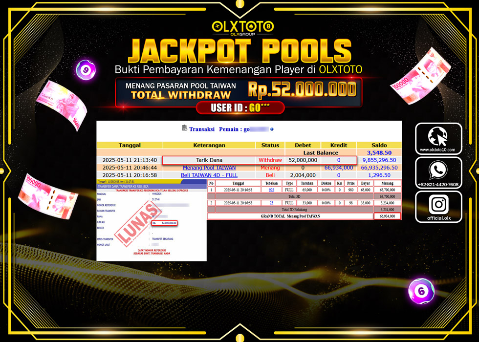 BINTANGSLOT77 JACKPOT TOGEL PASARAN POOL TAIWAN Rp.52.000.000.,- LUNAS