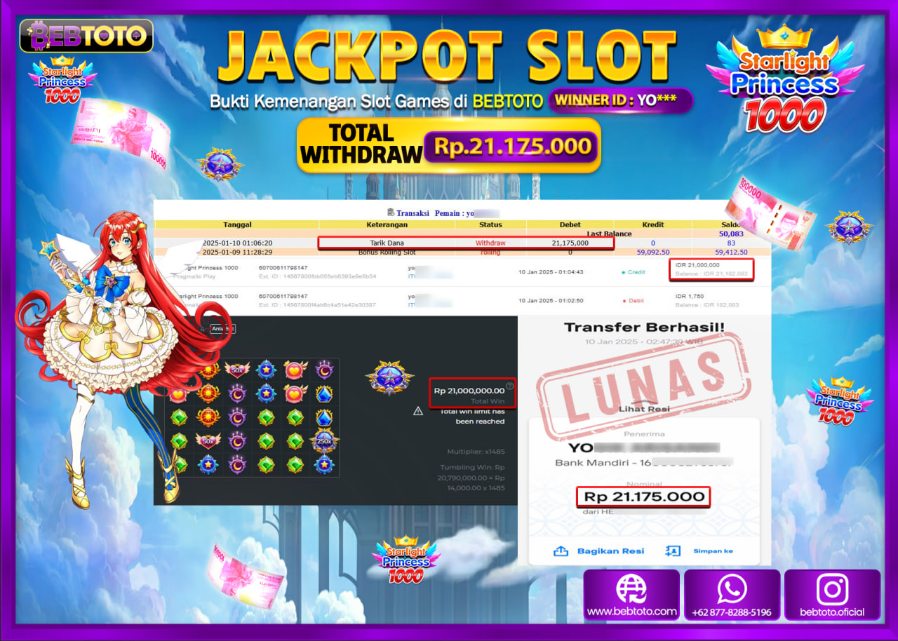 JACKPOT SLOT BEBTOTO STARLIGHT PRINCESS 1000 Rp.21.175.000.,- LUNAS