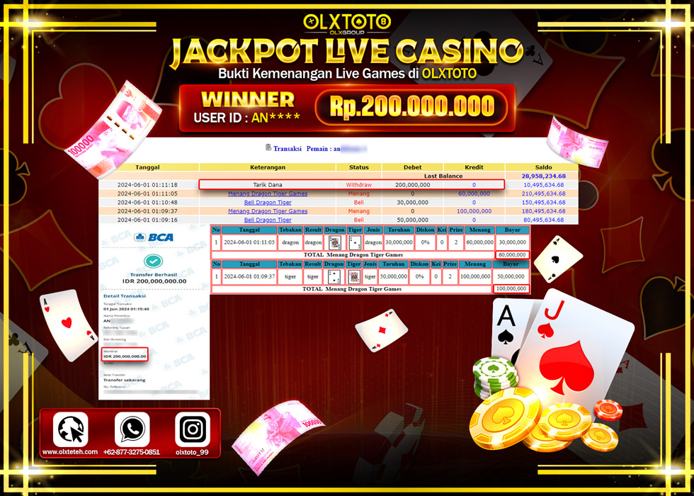 OLXTOTO JACKPOT LIVE GAMES DRAGON TIGERS GAMES  Rp.200.000.000.,- LUNAS