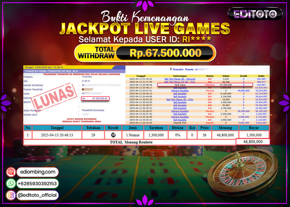 JACKPOT EDITOTO LIVE GAMES ROULETTE Rp.67.500.000.,- LUNAS
