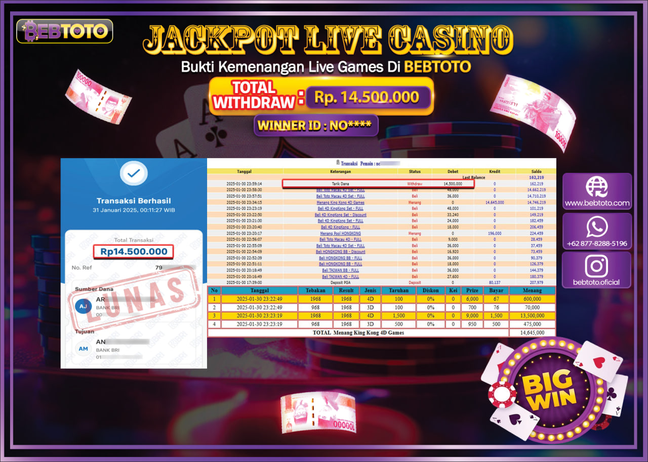 JACKPOT LIVE CASINO BEBTOTO KING KONG 4D Rp.14.500.000.,- LUNAS