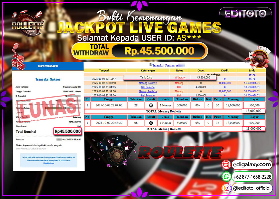 JACKPOT EDITOTO LIVE GAMES ROULETTE Rp. 45.500.000.,- LUNAS  