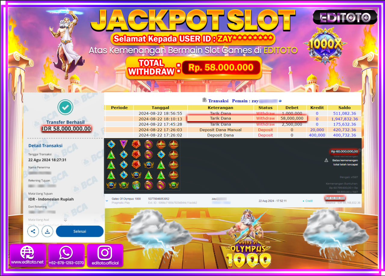JACKPOT SLOT GATES OF OLYMPUS 1000  Rp.58.000.000.,- LUNAS