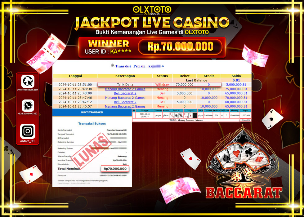 OLXTOTO JACKPOT  LIVE GAMES BACCARAT 2 Rp.70.000.000.,- LUNAS