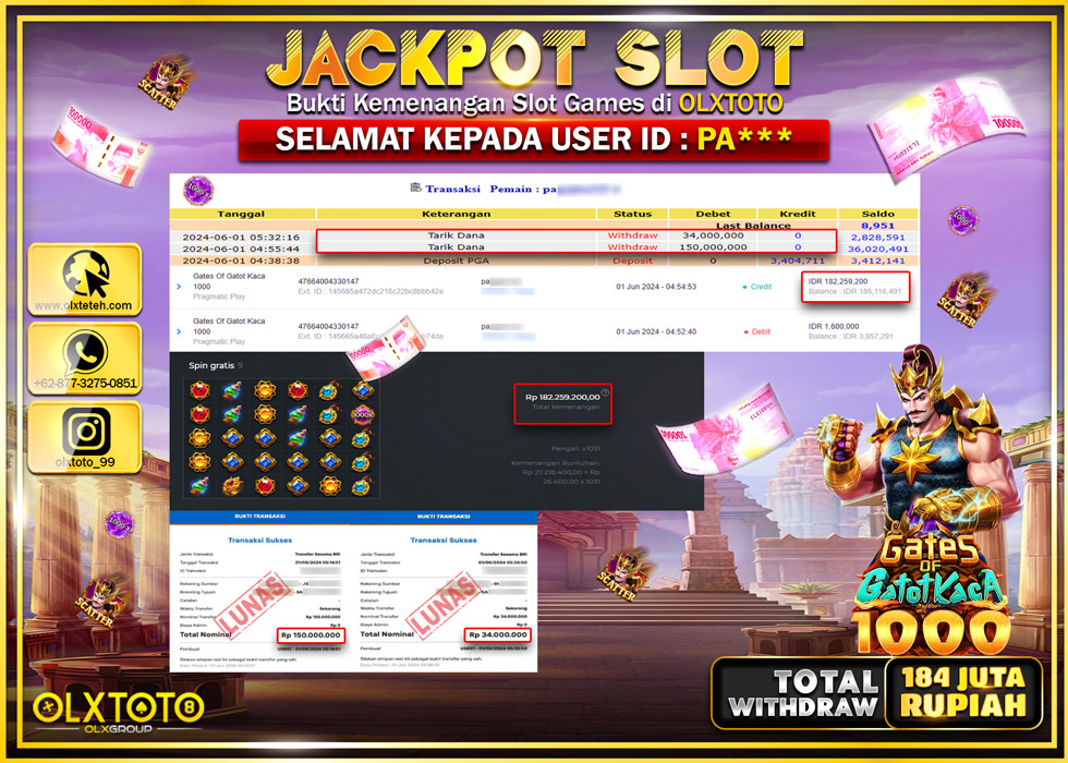 OLXTOTO JACKPOT SLOT GATES OF GATOT KACA 1000  Rp.184.000.000.,- LUNAS