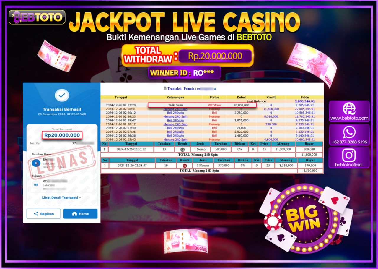 JACKPOT LIVE CASINO BEBTOTO 24D SPIN Rp.20,000,000.,- LUNAS