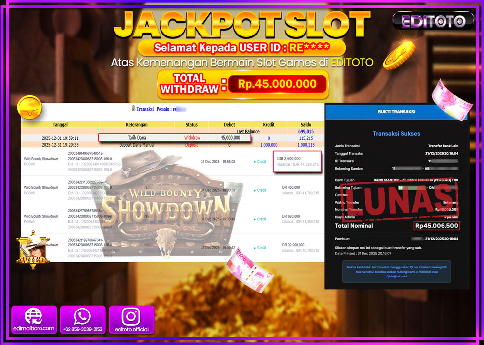 JACKPOT EDITOTO SLOT WILD BOUNTY SHOWDOWN  Rp.45.000.000,- LUNAS  