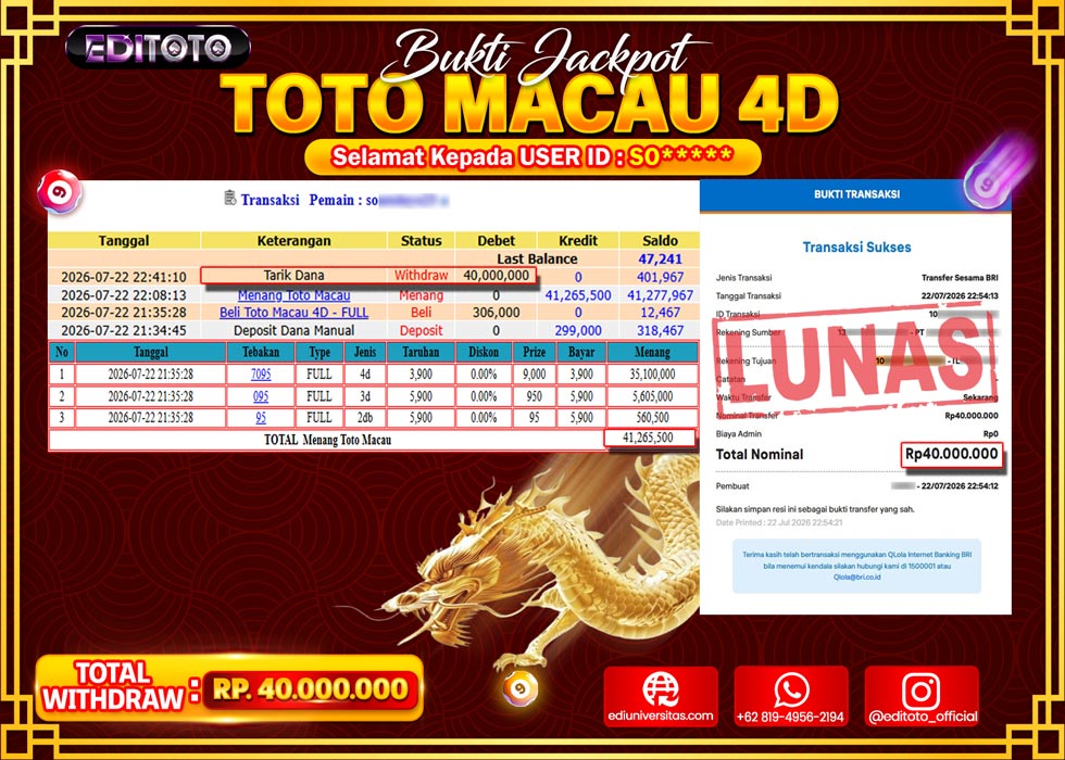 JACKPOT EDITOTO TOGEL PASARAN TOTO MACAU 4D Rp.40.000.000.,- LUNAS