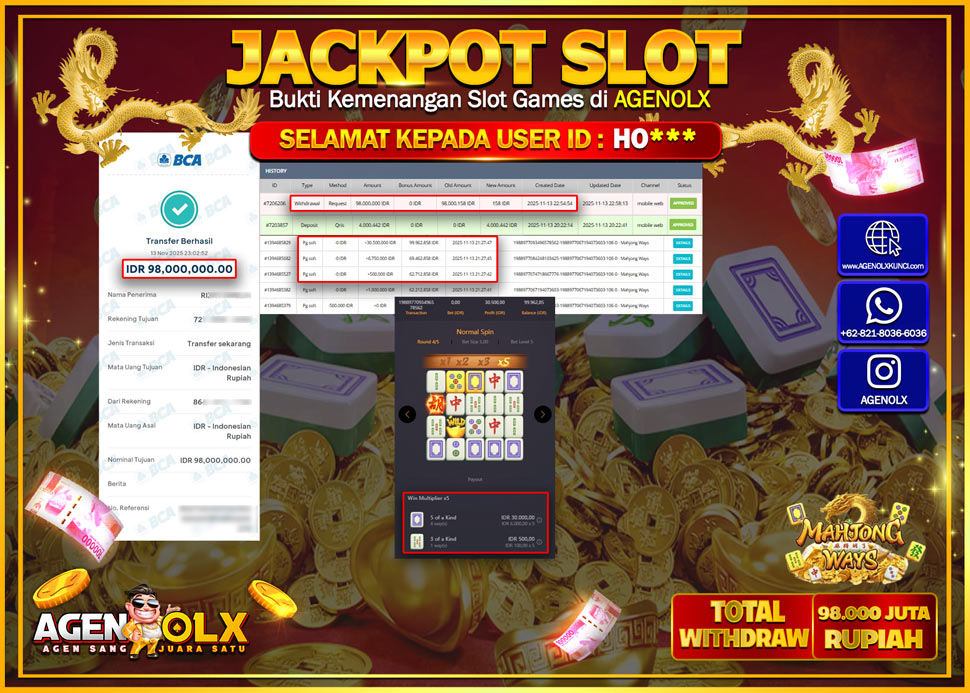 AGENOLX JACKPOT SLOT MAHJONG  Rp 98,000,000,- LUNAS