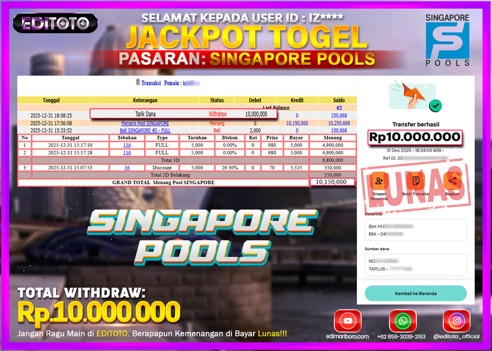 JACKPOT EDITOTO TOGEL PASARAN SINGAPORE POOLS Rp.10.000.000.,- LUNAS 