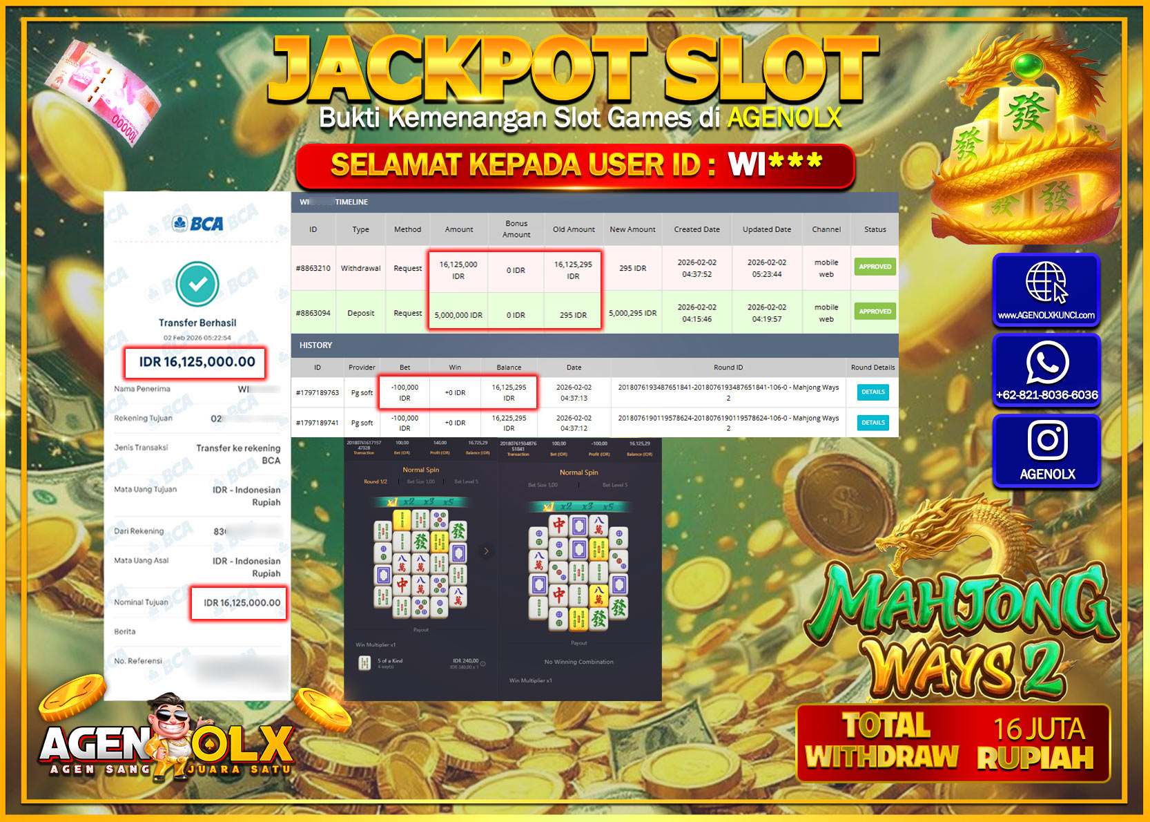 AGENOLX JACKPOT SLOT MAHJONG WAYS 2 Rp 16.125.000 - LUNAS