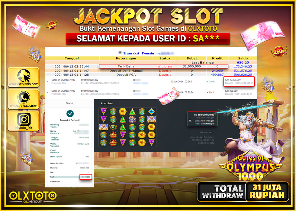 OLXTOTO JACKPOT SLOT GATES OF OLYMPUS 1000   Rp.31.000.000.,- LUNAS