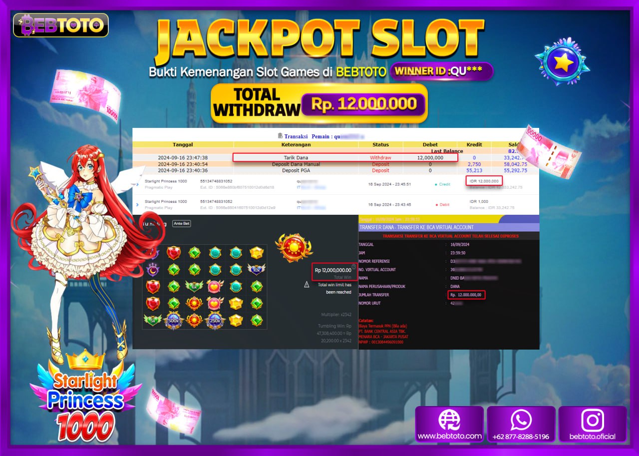 JACKPOT SLOT BEBTOTO STARLIGHT PRINCESS 1000 Rp.12.000.000.,- LUNAS