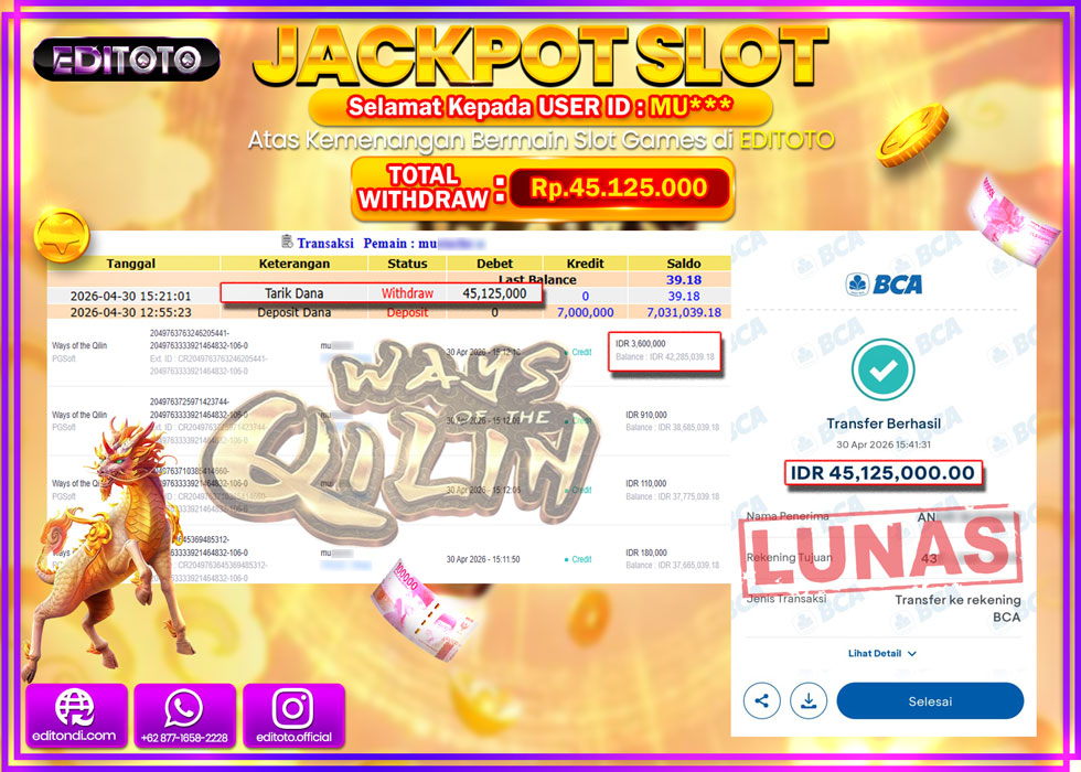 JACKPOT EDITOTO SLOT WAYS OF THE QILIN Rp.45.125.000,- LUNAS