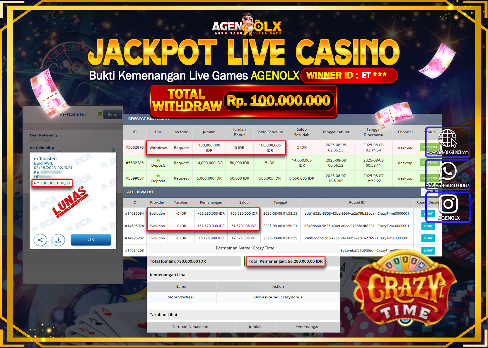 AGENOLX JACKPOT LIVE CASSINNO CRAZY TIME Rp 100.000.000,- LUNAS