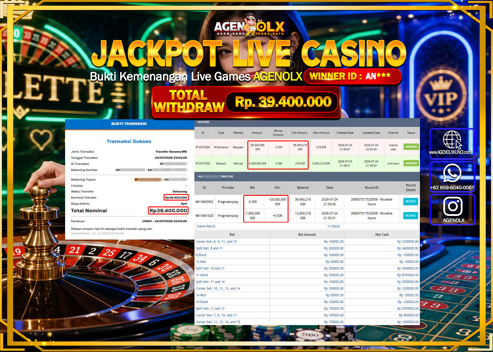AGENOLX JACKPOT LIVE CASSINO ROULETTE  AZURE Rp  39.400.000 -LUNAS