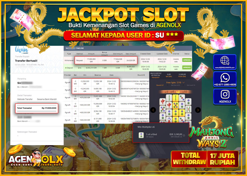 AGENOLX JACKPOT SLOT MAHJONG WAYS 2  Rp 17.000.000,- LUNAS