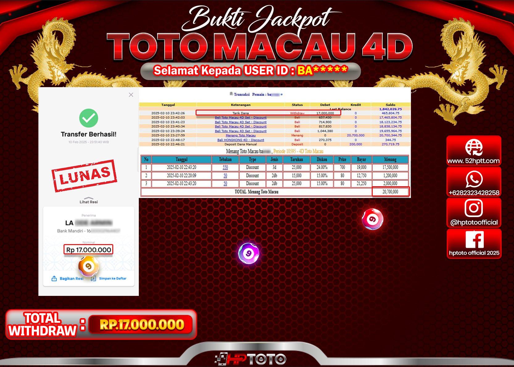 HPTOTO JACKPOT TOGEL PASARAN TOTOMACAU Rp.17.000.000,- LUNAS